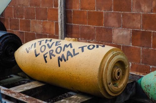Bomb at Eden Camp marked with the words “with love from Malton"